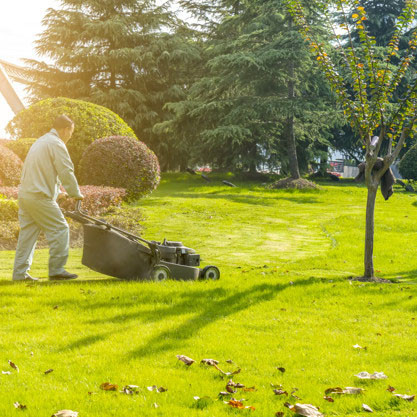 lawn fertilization and weed control image_04 calgary man mowing the lawn for lawncare maintenance